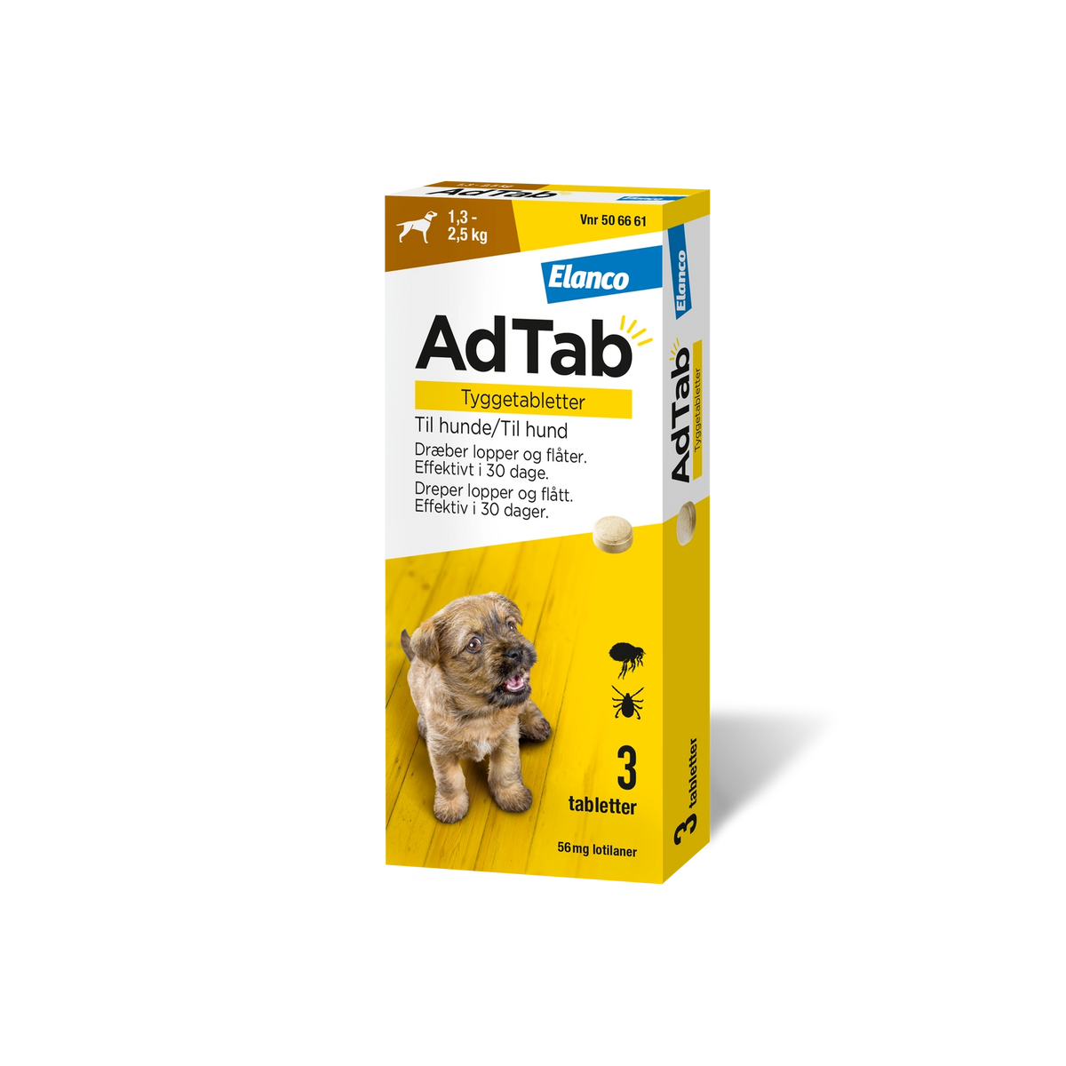 AdTab tyggetabletter loppe- og flåtmiddel til hund 1,3-2,5 kg (3 stk)