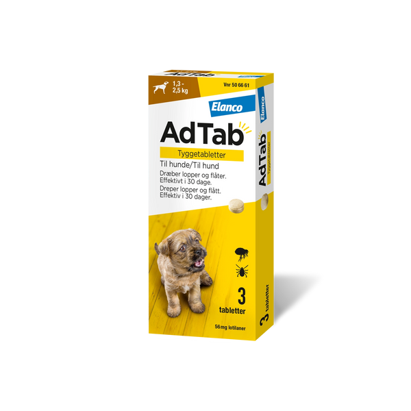 AdTab tyggetabletter loppe- og flåtmiddel til hund 1,3-2,5 kg (3 stk)