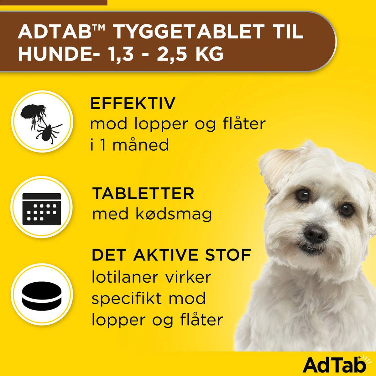 AdTab tyggetabletter til små hunde 1,3-2,5 kg mod lopper og flåter