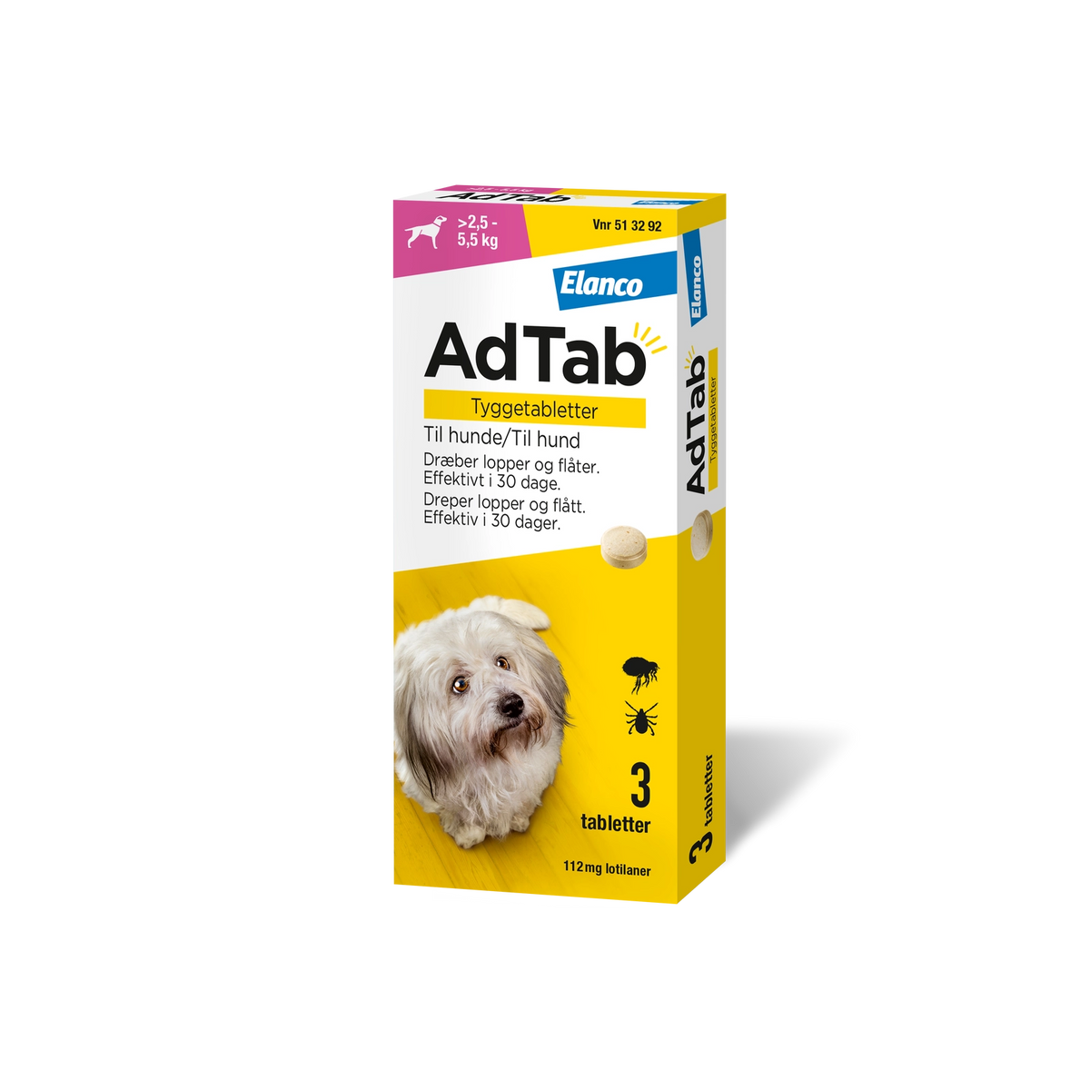 AdTab tyggetabletter loppe- og flåtmiddel til hund 2,5-5,5 kg (3 stk)