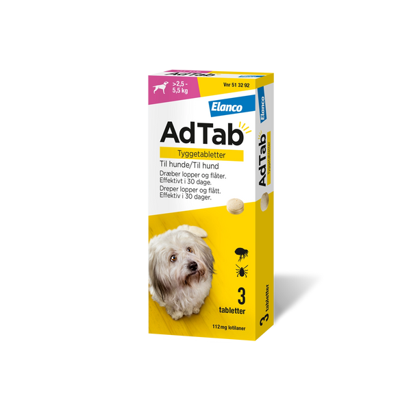 AdTab tyggetabletter loppe- og flåtmiddel til hund 2,5-5,5 kg (3 stk)