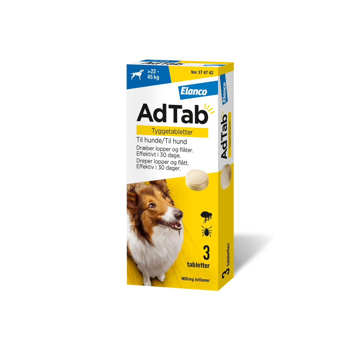 AdTab tyggetabletter loppe- og flåtmiddel til hund 22-45 kg (3 stk)