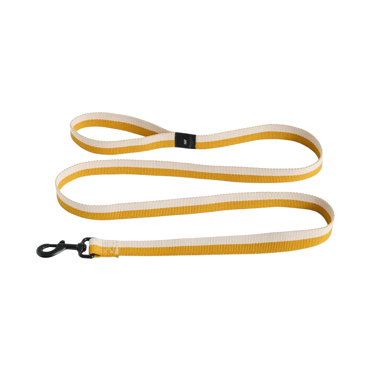 Fladvævet HAY Dogs hundesnor i okker og off-white med sort metalhage og HAY-logomærke"