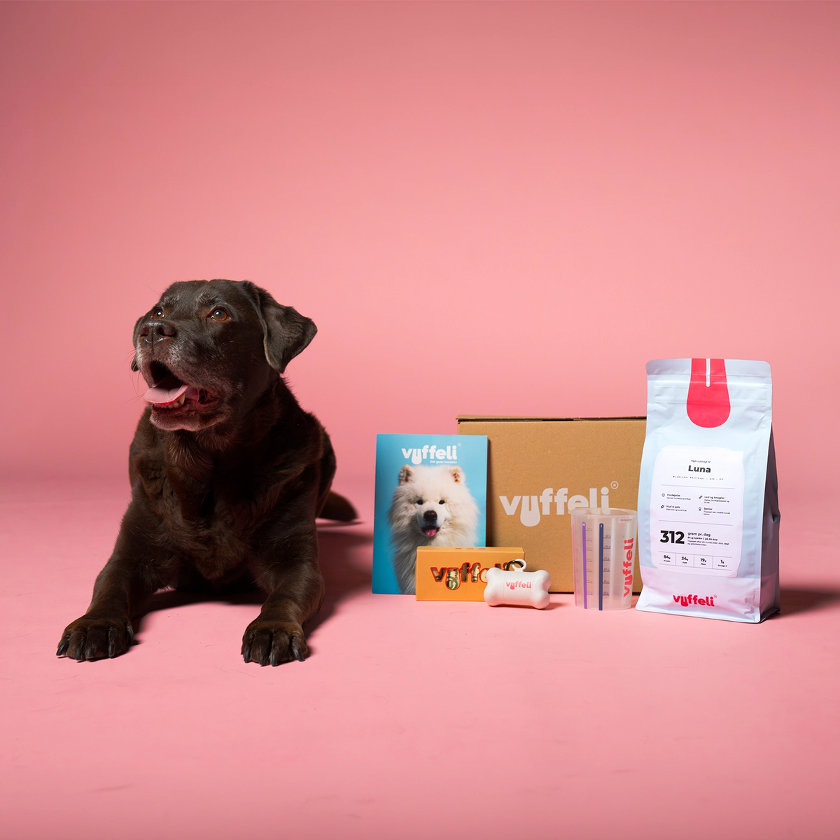 Labradoren Luna ligger ved siden af Vuffelis prøvepakke med personlig foderpose, foderkop og hundeposer